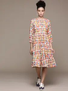 Roadster Abstract Print Bishop Sleeve Ruffled A-Line Dress