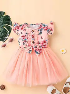 BAESD Girls Floral Print Round Neck Flutter Sleeve Net Fit & Flare Dress