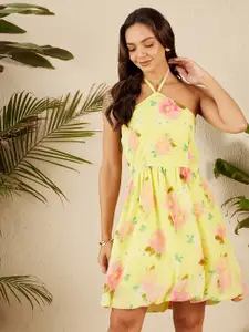 RARE Halter Neck Sleeveless Floral Print A-Line Dress