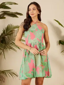 RARE Tropical Print Halter Neck Sleeveless Chiffon A-Line Dress