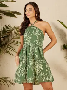 RARE Floral Print Halter Neck Shoulder Straps Chiffon A-Line Dress