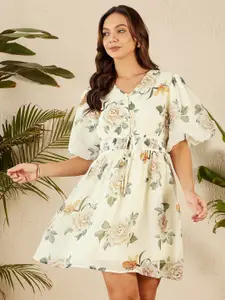 RARE V Neck Floral Print Flared Sleeve Chiffon A-Line Dress