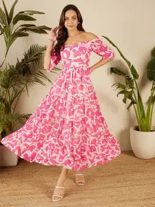 RARE Floral Print Off-Shoulder Puff Sleeves Maxi Dress