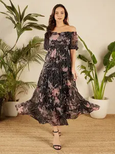 RARE Tropical Print Off-Shoulder Short Sleeves Chiffon Maxi Dress