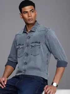 Louis Philippe Jeans Pure Cotton Slim Fit Faded Opaque Denim Casual Shirt