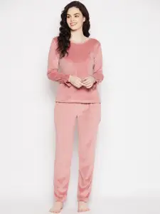 Clovia Pink Round Neck Long Sleeves Velour Night suit