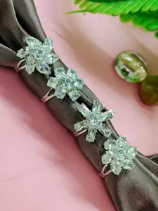 FEMMIBELLA Set Of 4 Silver-Plated Cubic Zirconia Studded Finger Rings