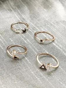 FEMMIBELLA Set of 4 Gold-Plated Stone-Studded Adjustable Finger Ring