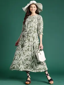 DressBerry Floral Print Bishop Sleeve Crepe Fit & Flare Midi Dress