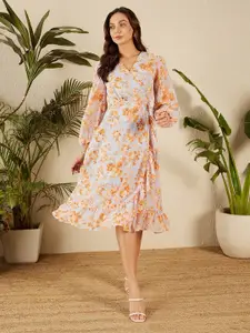 Marie Claire Floral Printed V-Neck Long Sleeves Dress