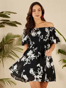 Marie Claire Floral Print Off-Shoulder Bell Sleeve Fit & Flare Dress