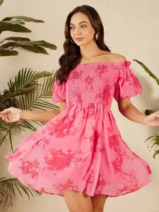 Marie Claire Floral Print Off-Shoulder Flared Sleeve Chiffon Fit & Flare Dress
