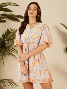 Marie Claire Floral Print Flared Sleeve Chiffon A-Line Dress