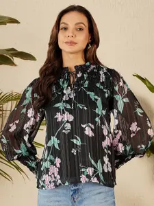 Marie Claire Floral Print Tie-Up Neck Puff Sleeve Georgette Top