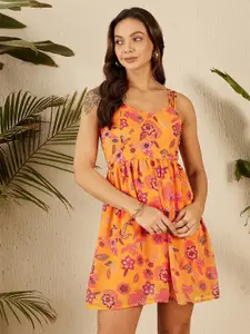 Marie Claire Floral Print Shoulder Straps Smocked Chiffon Fit & Flare Dress