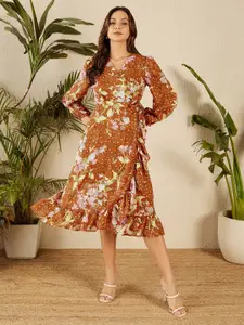 Marie Claire Floral Print Bell Sleeve A-Line Midi Dress