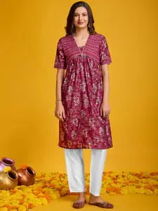 KALINI Floral Printed V-Neck Zari A-Line Pleated Silk Kurta