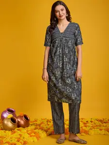 KALINI Floral Printed V-Neck Gotta Patti Short Sleeves Silk Kurta