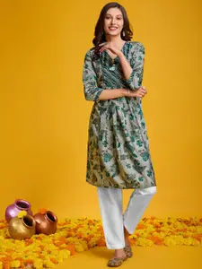 KALINI Paisley Printed Flared Sleeves Angrakha Thread Work A-Line Kurta