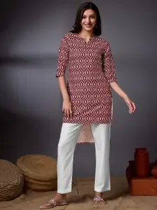 KALINI Ethnic Motifs Printed Notched Neck Crepe Straight Kurta