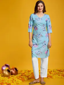 KALINI Floral Printed Flared Sleeves Thread Work A-Line Crepe Kurta