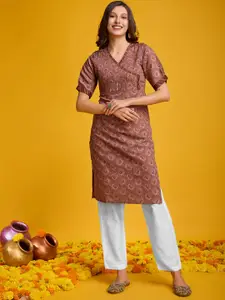 KALINI V-Neck Abstract Yoke Design Short Sleeves Straight Kurta