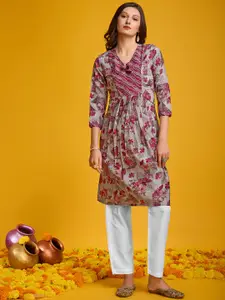 KALINI Floral Printed V-Neck Pleated A-Line Chanderi Silk Kurta