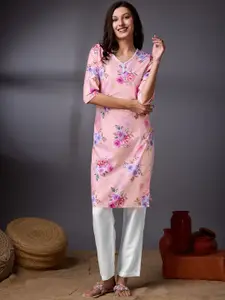 KALINI Floral Printed Thread Work Crepe A-Line Kurta