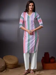 KALINI Geometric Printed Thread Work Crepe A-Line Kurta