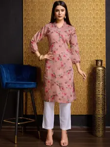 KALINI Floral Printed Mandarin Collar Flared Sleeves Silk Kurta