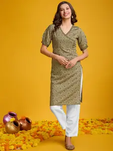 KALINI Ethnic Motifs Printed Angrakha Thread Work A-Line Kurta