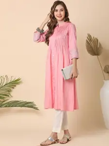 Globus Women Mandarin Collar Pleated & Striped Embroidered Sleeves A-Line Festive Kurta