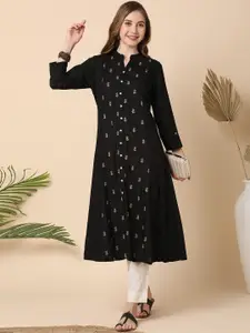 Globus Women Mandarin Neck Floral Embroidered Panelled A-Line Workwear Kurta