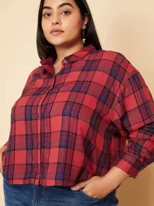 max Plus Size Tartan Checks Spread Collar Long Sleeves Cotton Casual Shirt