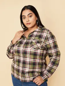 max Plus Size Tartan Checks Opaque Checked Cotton Casual Shirt