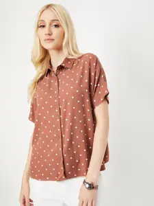 max Polka Dots Printed Spread Collar Short Extended Sleeves Casual Shirt