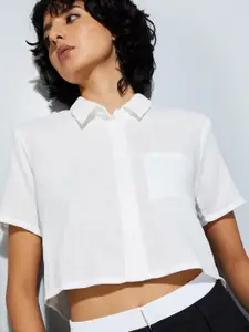 max Spread Collar Short Sleeves Opaque Casual Cotton Shirt