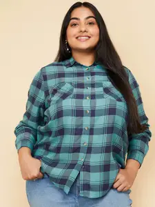 max Plus Size Tartan Checked Spread Collar Long Sleeves Cotton Casual Shirt