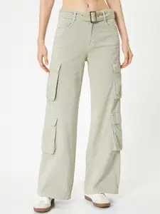 Koton Women Wide Leg High-Rise Clean Look Cotton Cargo Style Jeans