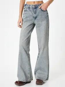 Koton Women Wide Leg Mid-Rise Clean Look Heavy Fade Cotton Jeans