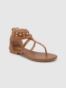 Sole To Soul Tan Toned Textured T-Strap Flats