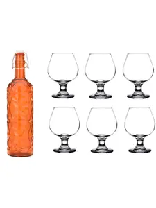 1ST TIME Orange Coloured & Transparent 7 Pieces Bottle & Glasses Set