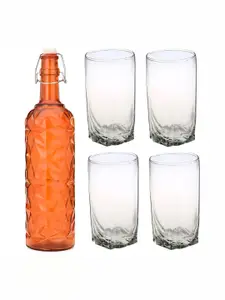 1ST TIME Orange-Coloured & Transparent 5 Piece Water Bottle With Glasses