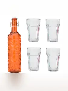 1ST TIME Orange-Coloured & Transparent 5 Pcs Water Bottle With Glasses