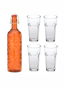 1ST TIME Orange & Transparent 5Pcs Textured Glass Easy to Handle Bottle & Glasses Set