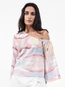 RAREISM Leightono Abstract Print One Shoulder Flared Sleeves Cotton Top