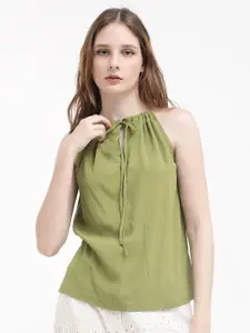 RAREISM Cotton Tie-Up Neck Sleeveless Styled Back Casual Top