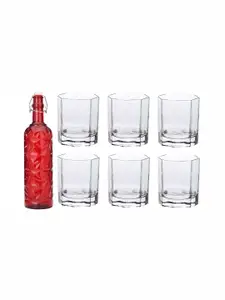 1ST TIME Red & Transparent 7 Pcs Water Bottle With Glasses