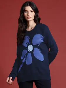 all about you Floral Design Full Sleeves Longline Sweater