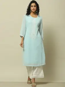 Rangriti Floral Embroidered V-Neck Thread Work A-Line Kurta